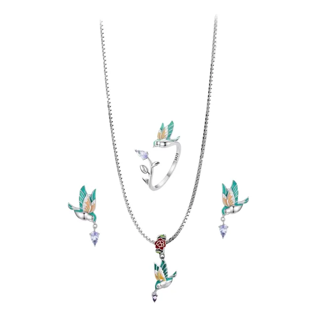 Anillo Collar Y Aretes En Plata Mujer Diseño Colibrí Juego