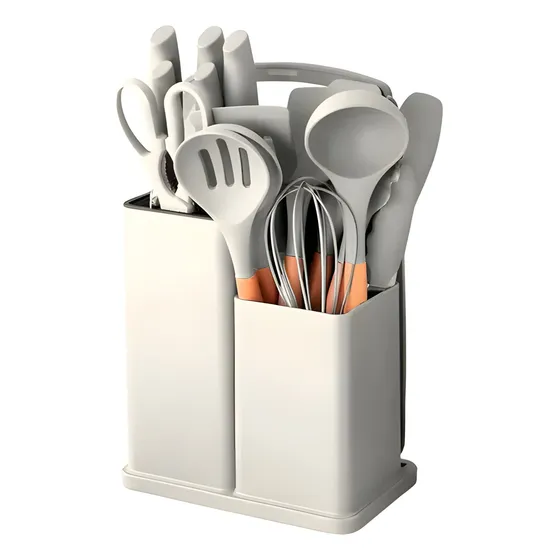 Kit 19 Utensílios Silicone De Cozinha Facas Tabua De Cortar Escumadeira Cor Branco- Loja Gudeltec
