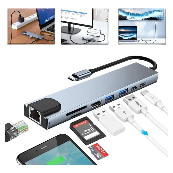 Adaptador Hub 8 Em 1 Para Macbook Pro Air M1 M2 M3 Notebook Thunderbolt Usb C Hdmi 4k Usb 2.0 3.0 Cartão De Memória Transmissão De Arquivos De Alta Velocidade
