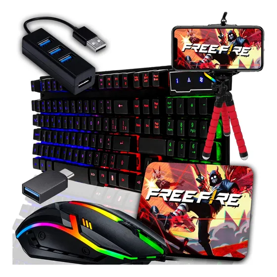 Kit Gamer Mobilador Celular Teclado Mecanico Rgb Mouse Tripé