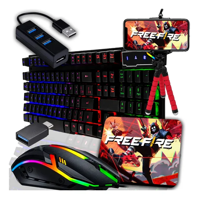 Kit Gamer Mobilador Celular Teclado Mecanico Rgb Mouse Tripé