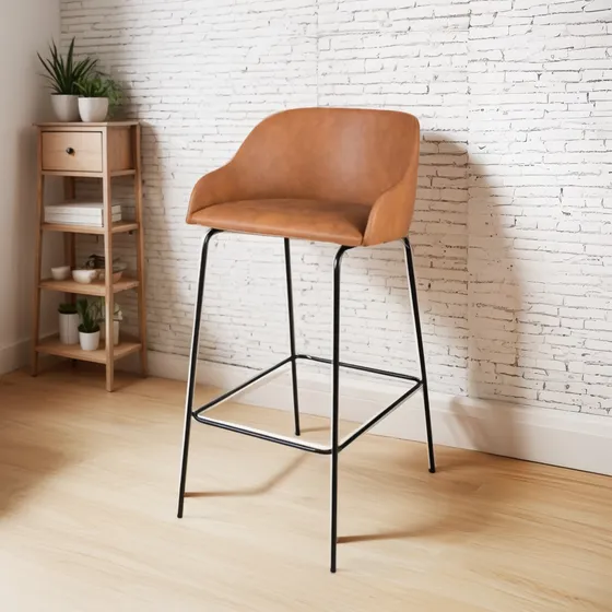 Banqueta Gaia Em Couro Caramelo E Base Metal Preto