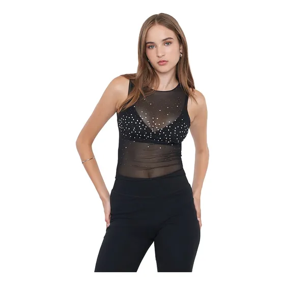 Polera Mujer Malla Brillos Negro Corona