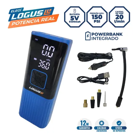 Compresor de Aire Portátil Logus 5v 5400mah 150 PSI Power Bank Auto Moto Bici + Accesorios