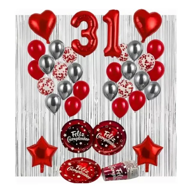 Kit Decoración Globos Vasos Platos Rojos Cumpleaños Número