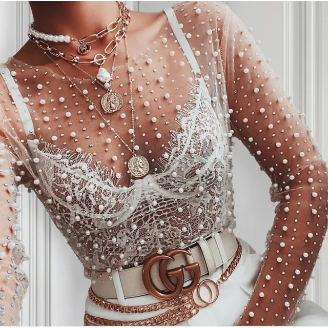 Camisa De Encaje Transparente Sexy Para Mujer Top De Manga