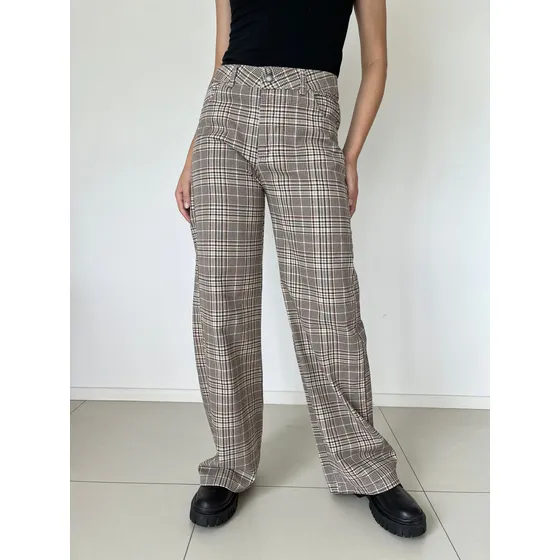 Pantalones Wide Leg Gabardina Cuadros Mujer Marca Loca