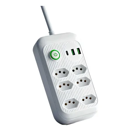 Extensão 6 Tomadas E 2 Usb 1 Pd Led Bivolt Power Branco 127/220v