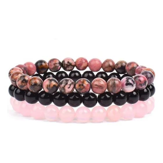 Combo Pulseiras Pedras Rodonita Onix Quartzo Rosa 3 Unid