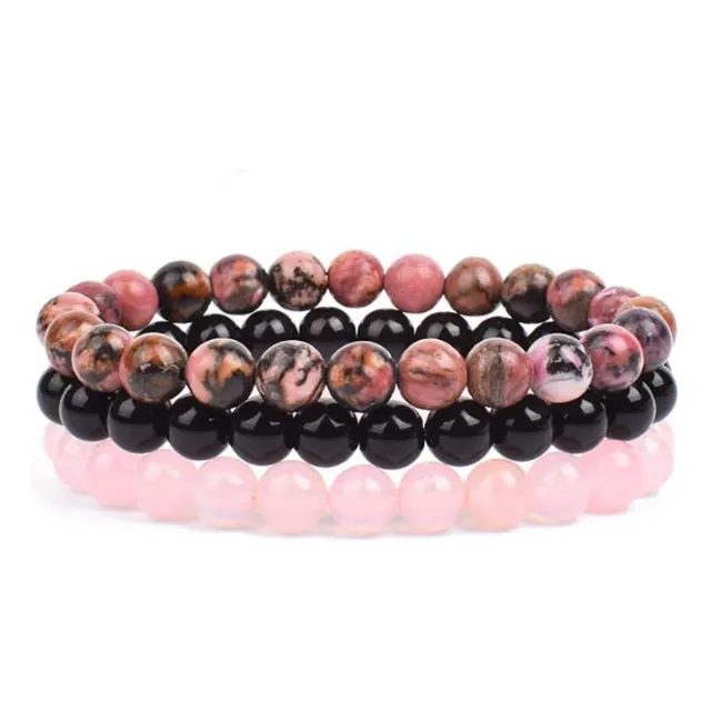 Combo Pulseiras Pedras Rodonita Onix Quartzo Rosa 3 Unid