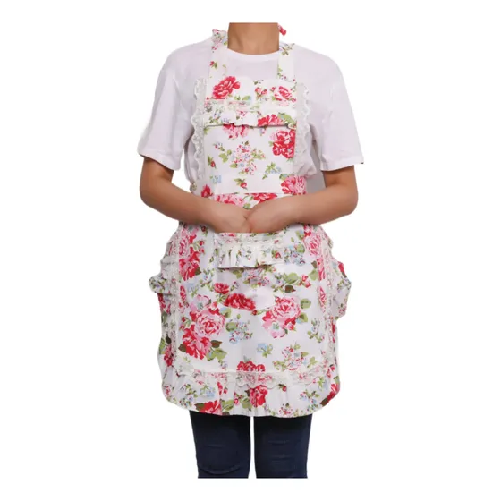 Delantal Floral Algodon Para Mujer Bolsillo Lazo Largo