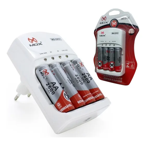 Carregador De Pilhas Rápido Bivolt + 4 Pilha Aa Recarregável