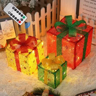 Set De 3 Cajas De Regalo Con Iluminación Navideña Y 50 Luces Set De 3 Cajas De Regalo Con Iluminación Navideña Y 50 Luces