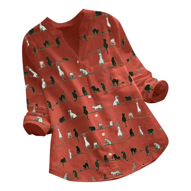 Blusa Divertida Boton Para Mujer Manga Larga Estampado Gato