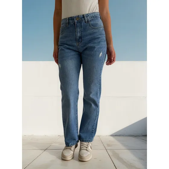 Jeans Mom Mujer Rigido Celeste Localizado Con Rotura.
