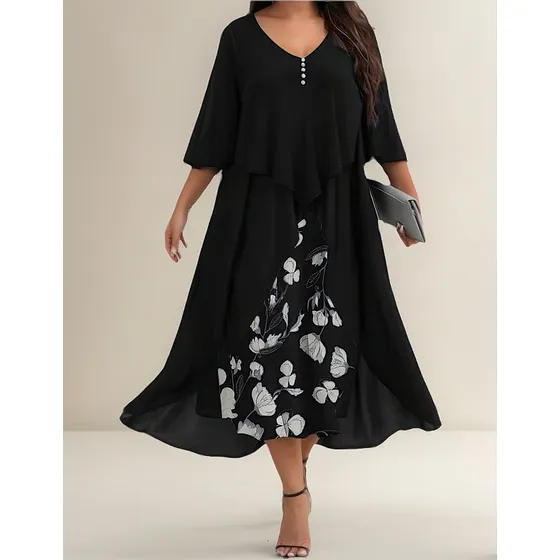Vestido Feminino Plus Size Falso De Manga Midi De Duas P [u]