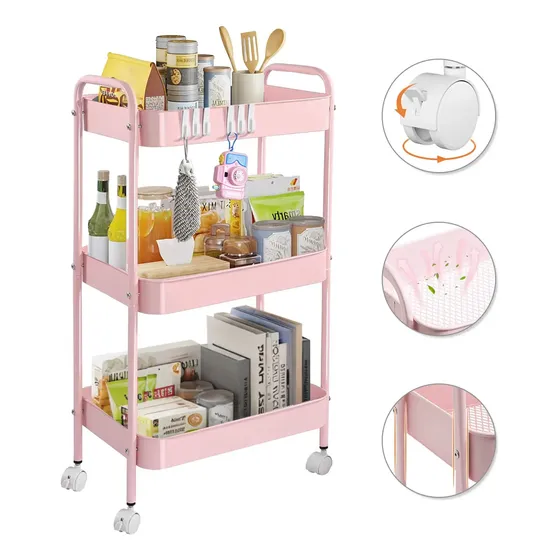 Carrito Organizador Metal 3 Niveles Ruedas Bloqueables Rosa