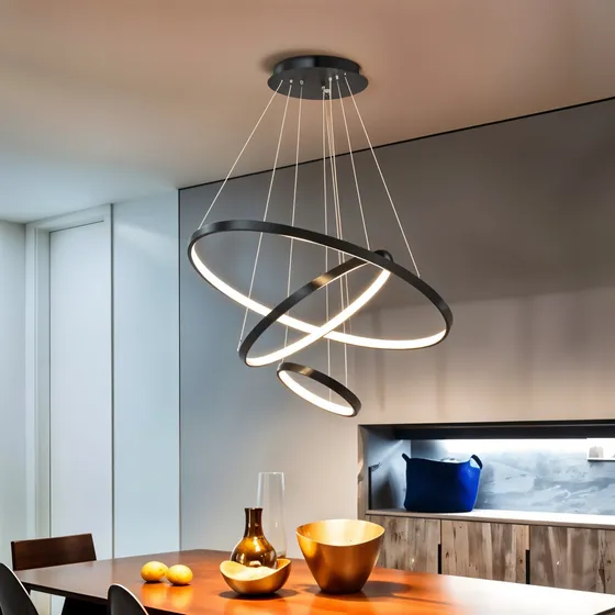 Lustre Design Moderno Led Pendente 3 Arcos Anéis Preto 59cm