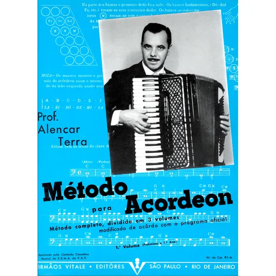 Método para Acordeon: Preliminar e primeiro ano, de Terra, Alencar. Editorial Irmãos Vitale Editores Ltda, capa mole em português, 1945