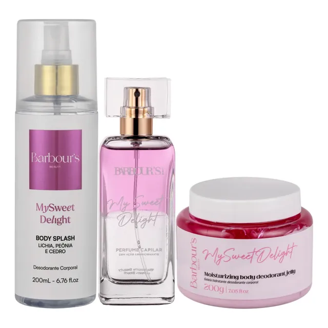 Kit Body Splash Geleia Hidratante Perfume Capilar My Sweet Delight Barbour's Beauty Corporal