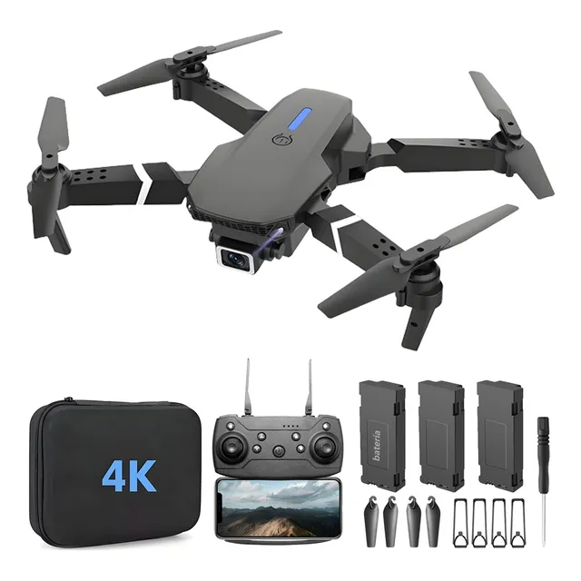 Drone Mini 4k con cámara dual control remoto 2.4ghz Giro 360 3 baterías y protector de Hélices ideal para principiantes E881c Drone Pro negro