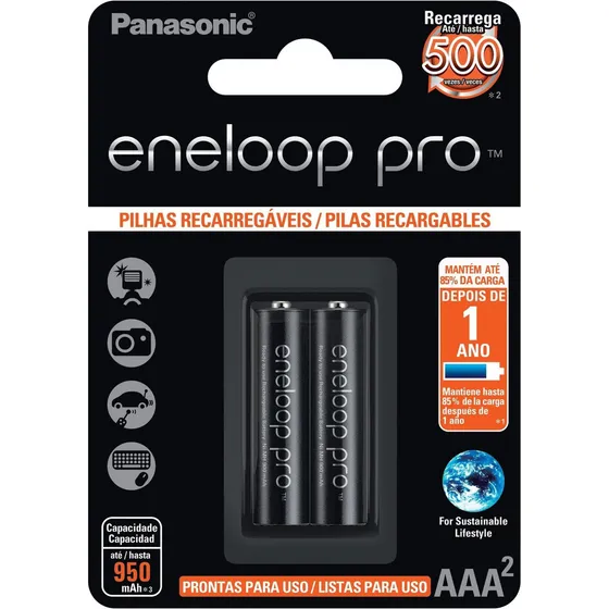 2 Pilhas Panasonic Eneloop Pro recarregáveis AAA Palito 950mAh