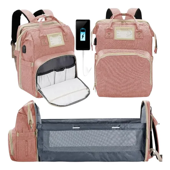 Pañalera morral tipo cuna con cambiador 3 en 1 puerto usb color rosa nube