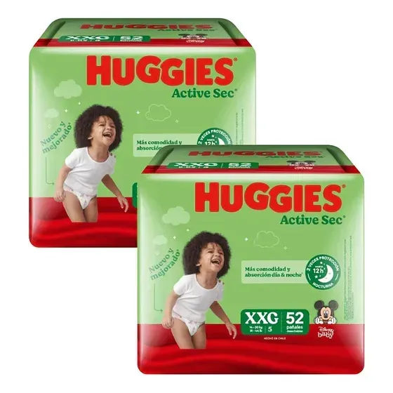 Pañal Huggies Active Sec XXG Pack x104 Unidades con Gel Superabsorbente