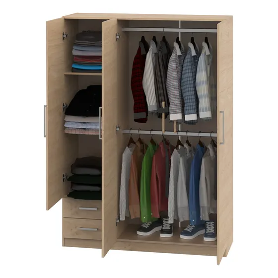 Placard Ropero Puertas Corredizas 130 X 180cm 3 Puertas 3 Estantes 2 Cajones Guarda Ropa Perchero Color Roble Kendal Melamina Pac130 Dielfe