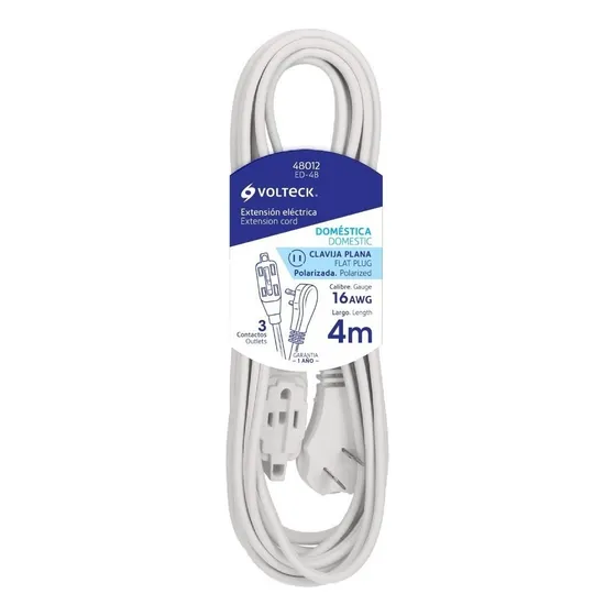 Extensión Eléctrica Doméstica 4 M Blanca Con Clavija Plana