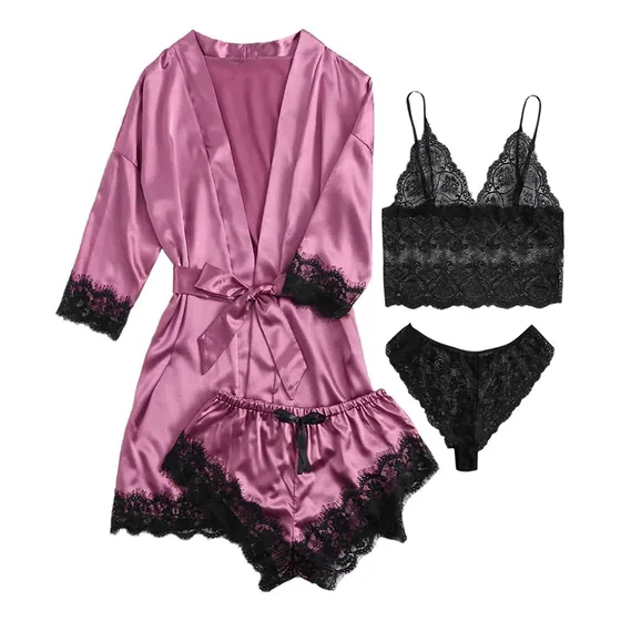 Conjunto De Pijama Encaje Mujer Sexy De Seda Satén (4 Pieza)