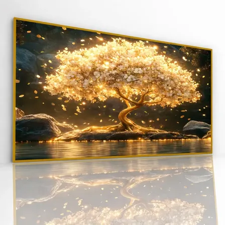 Quadro Arvore Da Vida Luz Pétala Branca Ouro Moderna Luxo Hd Dourado
