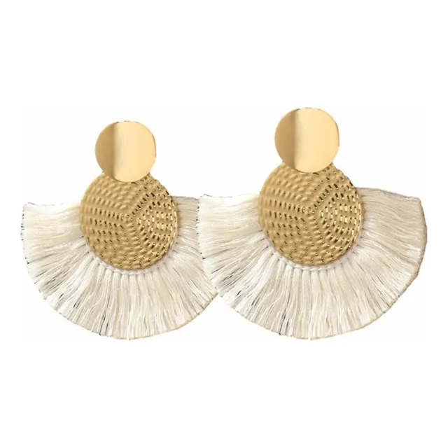 Zarcillos Dorados Largos Con Flecos Blancos Regalo Mujer Dam
