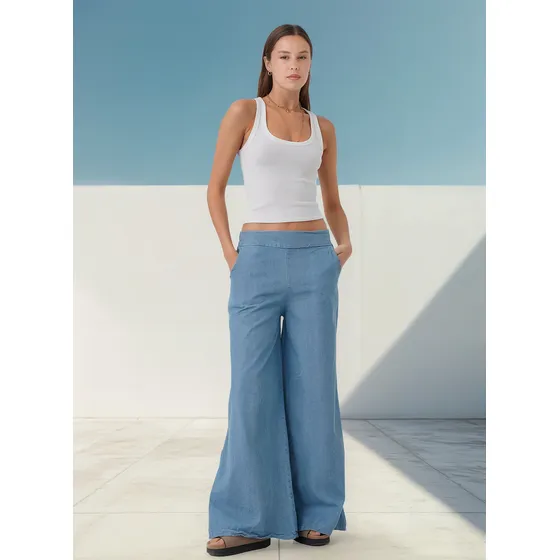 Pantalón Maxi Palazo Denim Blue Jean Tajeado 8964 Arizona