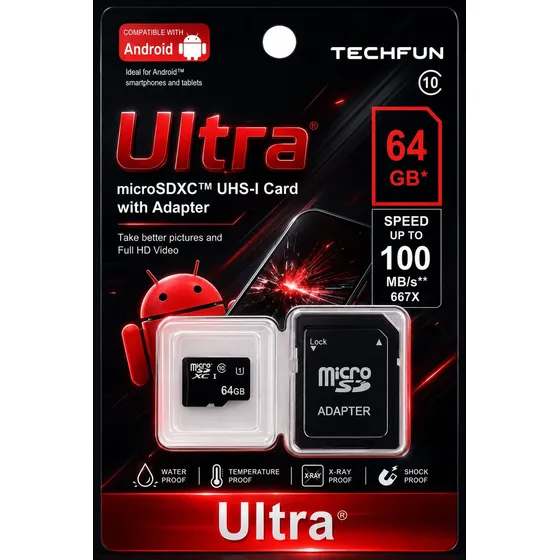 Cartão De Memória Techfun 64gb Ultra Com Adaptador Câmeras