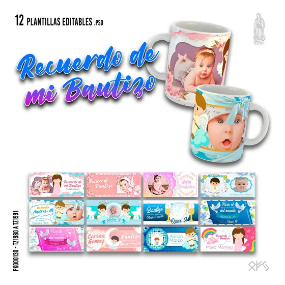 12 Plantillas Editables Para Sublimar Tazas De Bautizo