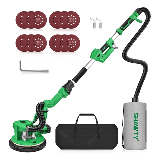 Lijadora Orbital De Paneles De Yeso Eléctrica SHAWTY, 1200W Lijadora Orbital Pulidora De Mango Largo, 5 Velocidades 2100RPM, Disco Abrasivo De 225mm Con Luz LED, 12 Discos De Lijado