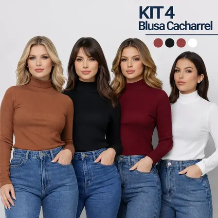 Kit 4 Blusas Feminina De Frio Manga Longa Gola Alta Elegant Marrom/preto/marsala/off White P