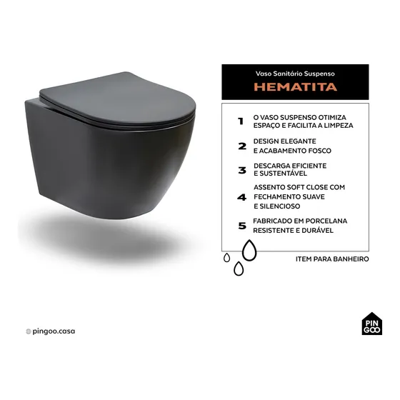 Vaso Sanitário Suspenso Saída Horizontal Hematita Preto Pingoo Casa
