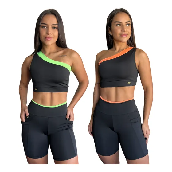 Kit 2 Conjunto Fitness Top Um Ombro Só E Short Malhar Treino