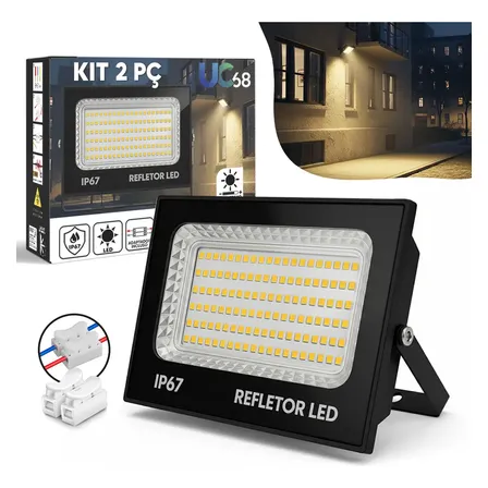 Kit 2 Refletores Led 400w Branco Quente 3500k Uc68 Ip67 Externo 127/220v Preto