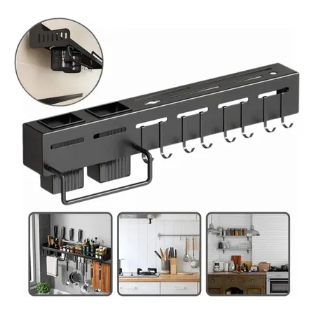 Suporte De Parede P/pendurar Utensílios De Cozinha 8 Ganchos Preto