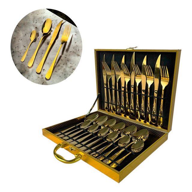 Jogo De Faqueiro Com Maleta Luxo Dourado Em Inox 24pç Jogo De Faqueiro Com Maleta Luxo Dourado Em Inox 24pç