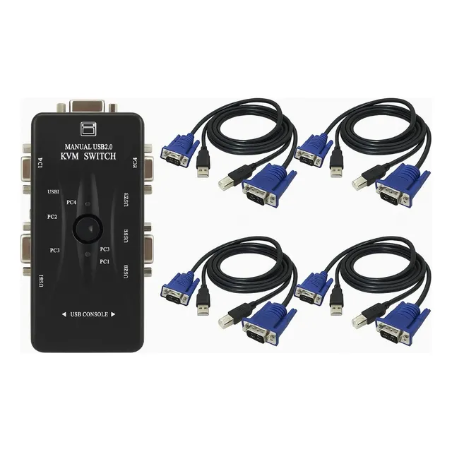 Kit Chaveador Switch Kvm 4 Portas Vga Usb Com Cabos Vga A/b