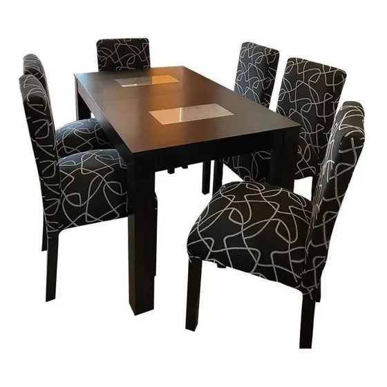 Mesa amoblarte 13 De 1,60 X 0,80 Negro Con 6 Sillas Vestidas Chenille Diseño De La Tela De Las Sillas Estampado