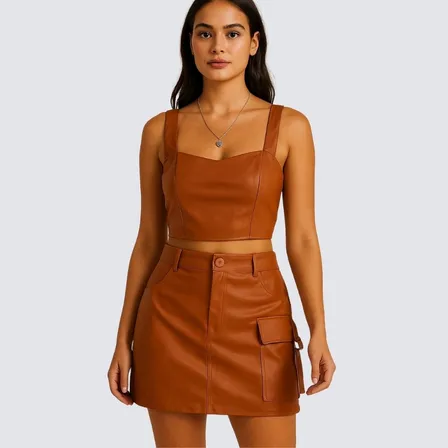 Conjunto Saia Cargo Femino Couro Casual Funcional Charmoso
