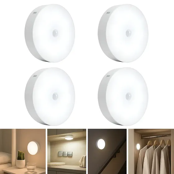Kit 04 Luminária Led Recarregável Com Sensor De Movimento E Presença, Luz Noturna Automática Sem Fio Para Armário, Escada, Quarto E Parede Navi Navi
