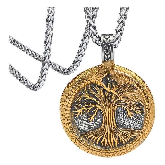 Collar Con Dije Vikingo Serpiente Yggdrasil De Acero Hombre