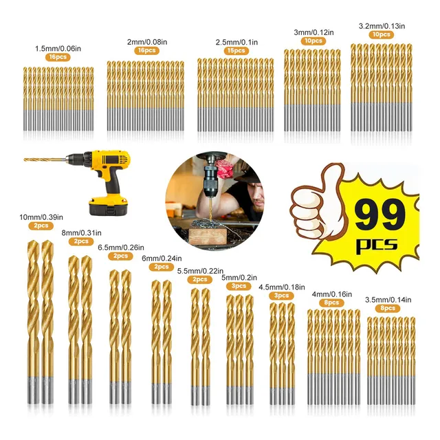 Wistkamr - Juego De Brocas Múltiples De 99 Piezas, Set Brocas De Acero Recubiertas En Titanio Hss, Para Taladrar Y Perforar Metal, Madera Y Piedra, Perfecto Para Bricolaje En Casa