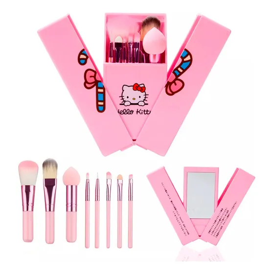 Juego Set De 8 Brochas Con Espejo Maquillaje Kitty Kuromi
